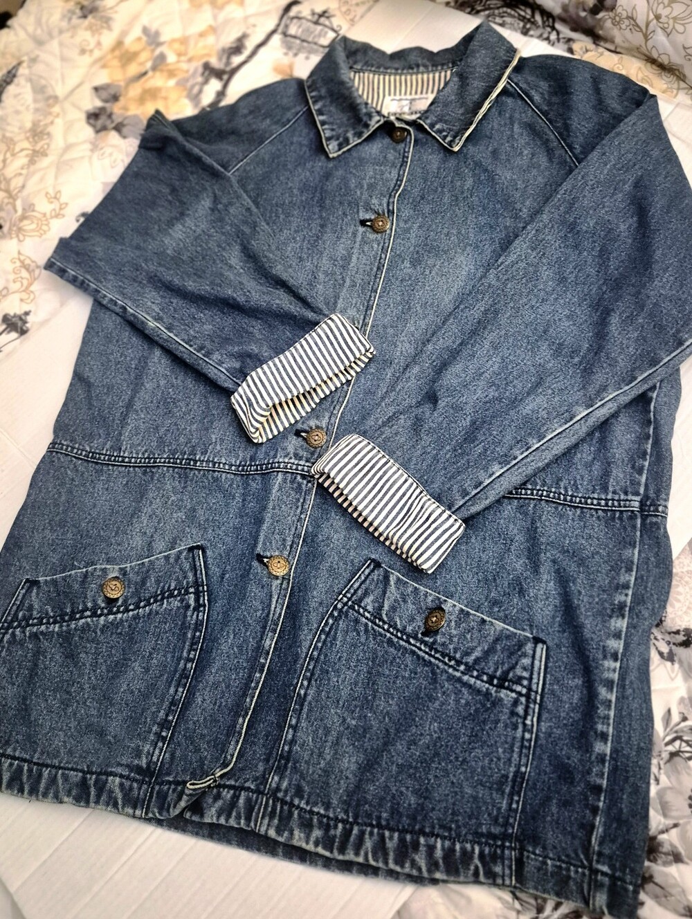 Vintage 90s Accordeon Striped Cuff Denim Chore Jacket Coat M Women's